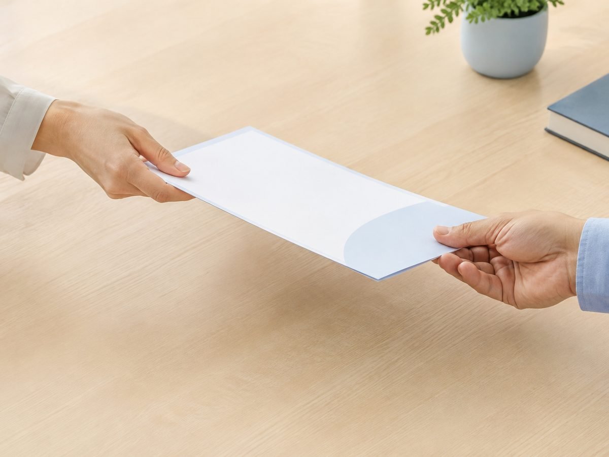 A document being handed across a desk